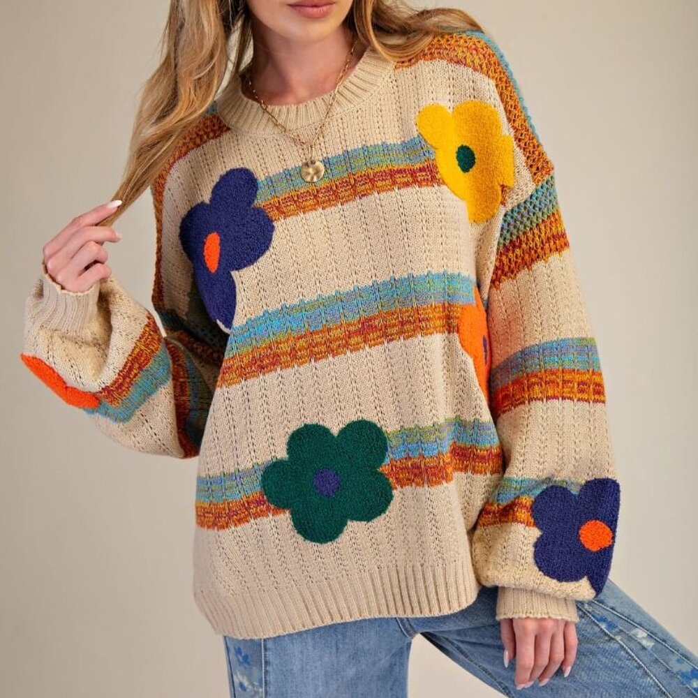 1-1229 *Boutique* Easel 70s Retro Boho Stripe Floral Lightweight Sweater - Picture 1 of 1
